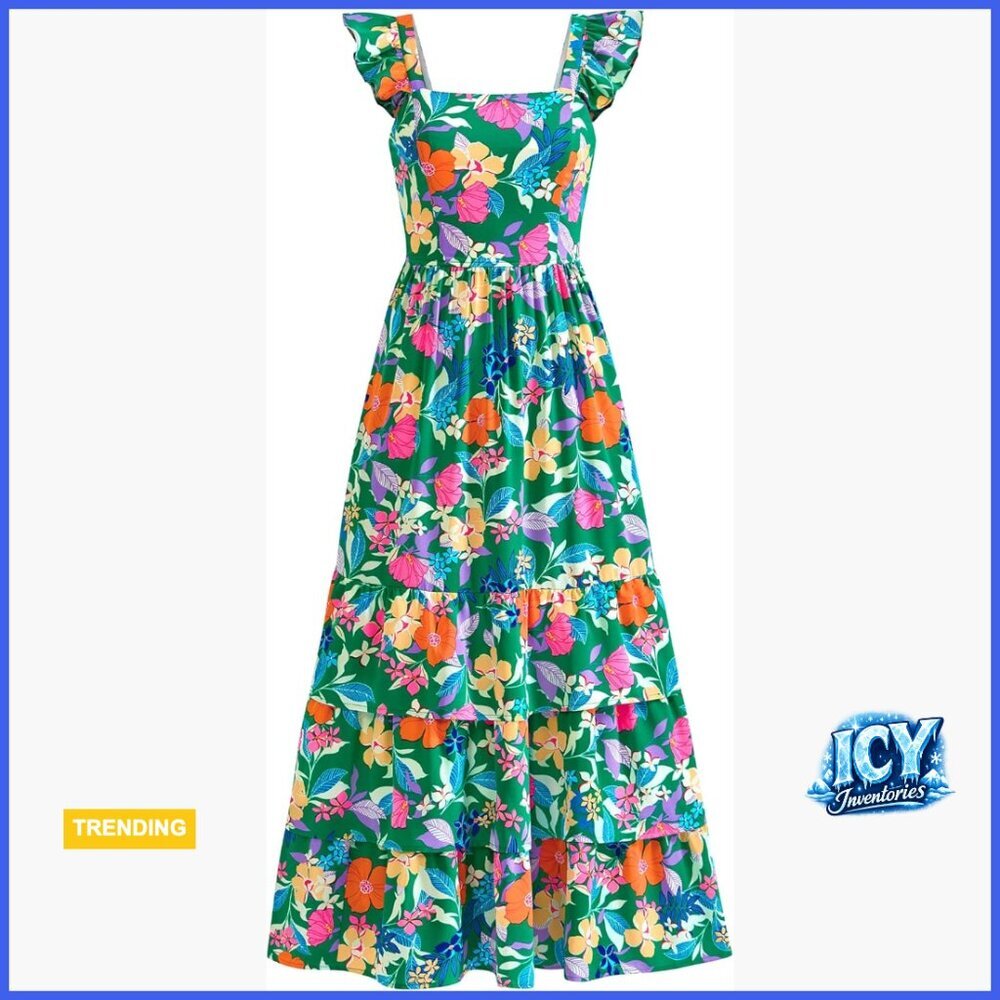 Polyester Maxi Dress with Pockets, Ruffled Hem, Backless A-Line